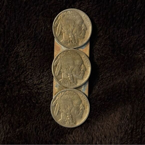 Vintage 80s Handmade Money Clip With (3) Buffalo Nickel Coins - From 1936 & 1937 - Picture 1 of 5